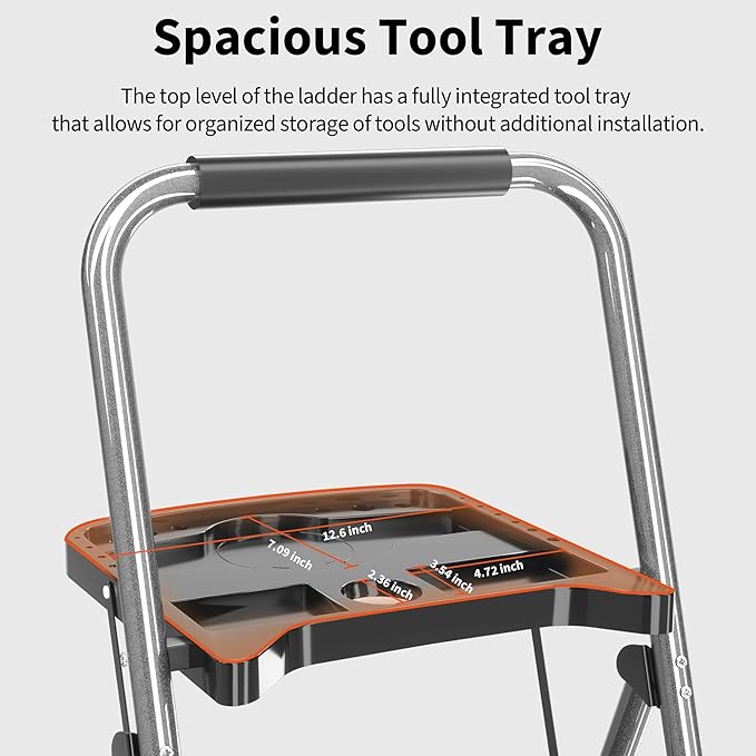 3 Step Ladder, Folding Step Stool with Tool Platform, Wide Anti-Slip Pedal and Anti-Slip Feet, Sturdiest Steel Construction, 600lbs Capacity Steel Ladder for Home Office, Grey