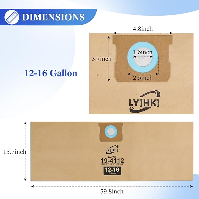 10 Pack DXVA19-4112, DXVA19-4102 Vacuum Bags for DEWALT 12 to 16 Gallon Wet/Dry Vacuum, Disposable Shop Vac Bags, Dust Collection Bag Replacement