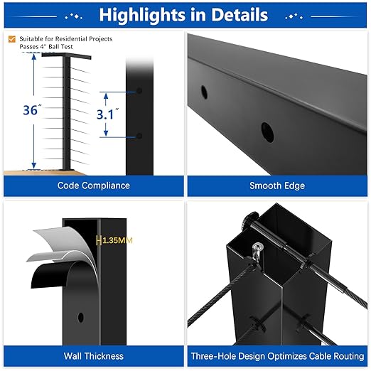 2 Pack 36" T304 T-drilled Cable Railing Corner Post(Post 35"x2"x2"), Three Sides Wire Railing Post with Cable Grommets, Fixed Top Mount Stainless Steel Black Finish Deck Staircase Post