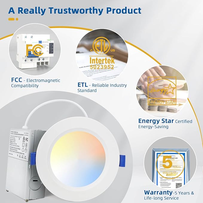 4 Pack LED Recessed Lighting 6 Inch, 16W MAX.2000LM Eqv.200W, 2700K/3000K/3500K/4000K/5000K Selectable, Dimmable Recessed Lights Wafer Downlight -ETL & Energy Star Certified