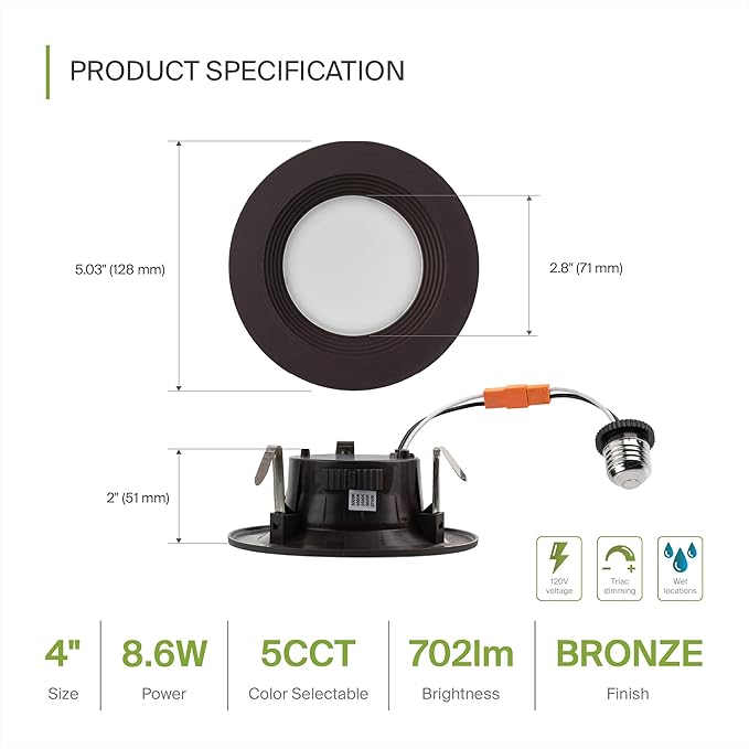 ASD Retrofit LED Recessed Lighting 4 Inch | 9W 700 Lm Wet Rated Dimmable Ceiling Downlights | 2700K-5000K Adjustable CRI90 Bronze Room Recessed Light Fixtures | LED Can Lights, UL