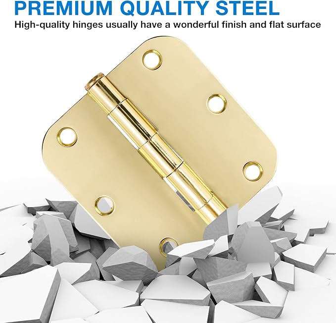 18 Pack Interior Door Hinges Polished Brass 3.5 inch X 3-1/2" 5/8 Radius,3 ½"Gold Round Standard Hinge for Single Doors DIY Assembly Bi-fold Table Hardware Kit House Accessories Home Eseentials