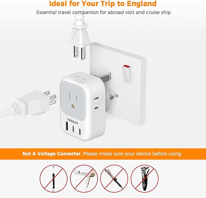 TESSAN US to UK Plug Adapter, Type G Travel Adaptor with 4 Electrical Outlets 3 USB Ports (2 USB C), Ireland Power Adapter for USA to England London Scotland Dubai Singapore Qatar Kenya British