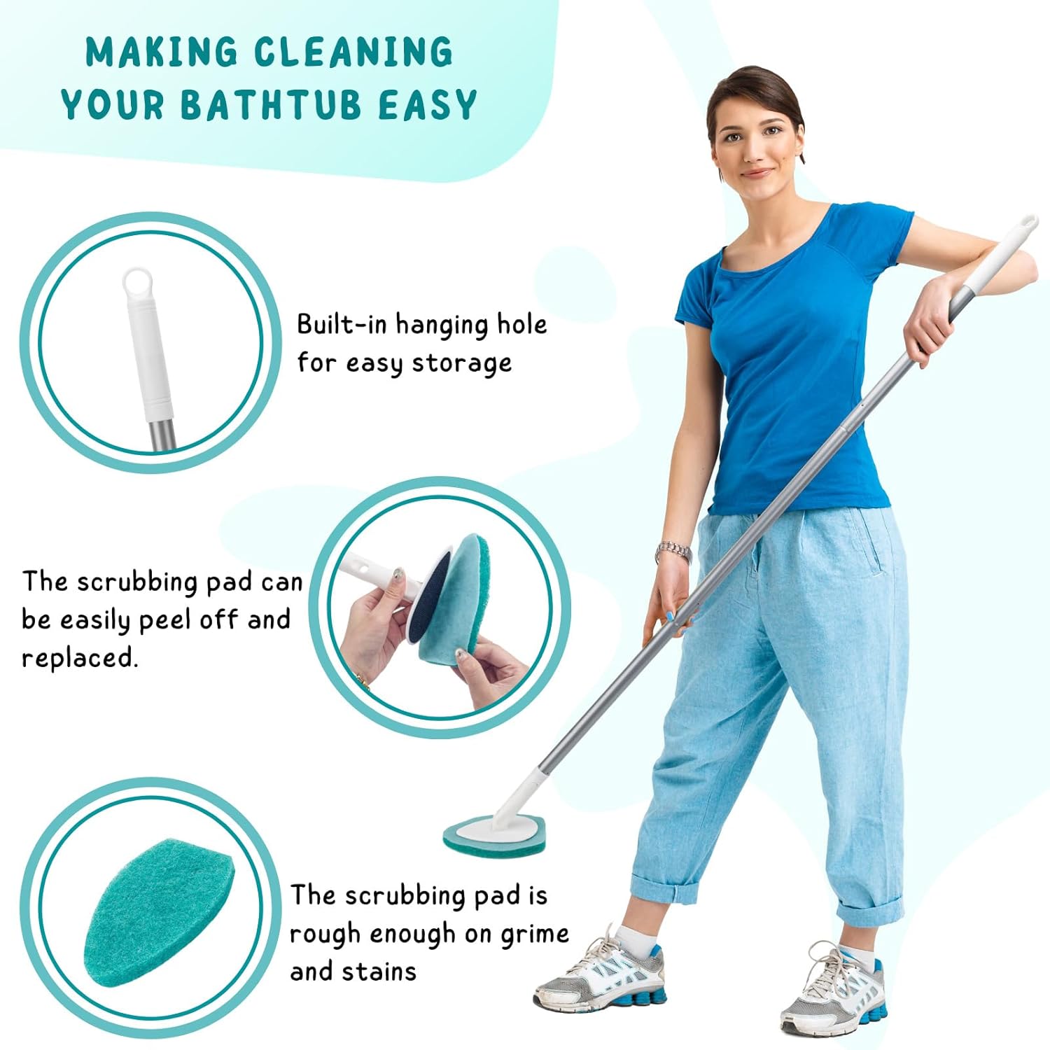 Shower Scrubber with Long Handle, 47'' Bathtub Scrub Brush, Bathroom Tub and Tile Cleaning Tool with 6 Refill Pads