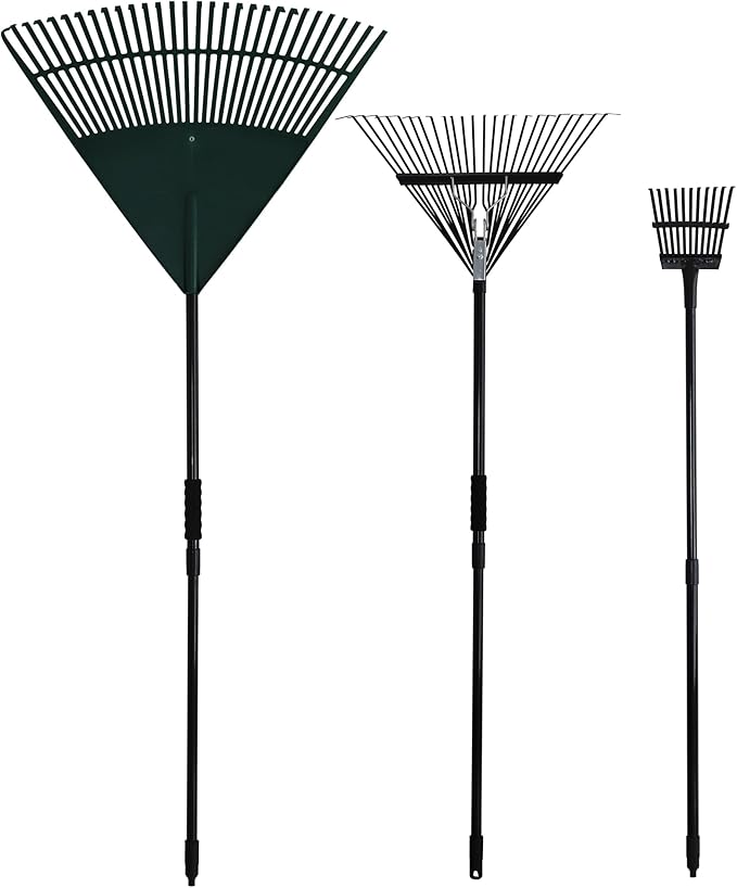 Kylin Gardening Rake Set 3-Piece - Poly Lawn Rake(30T ),Steel Garden Rake(24T ),11 Tine Shrub Tools -Telescopic Steel Handle for Adult or Kids