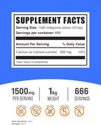 BulkSupplements.com Calcium Lactate Powder - Calcium Supplement, Calcium Lactate Food Grade - Calcium Lactate Supplement, 1500mg per Serving (200mg Calcium), 1kg (2.2 lbs) (Pack of 1)
