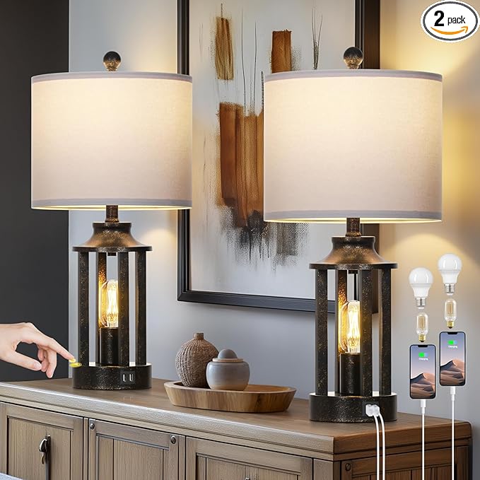 Farmhouse Table Lamps Set of 2, Vintage Living Room Lamps with 2 USB Ports, 3 Way Dimmable Touch Control Bedroom Lamp with 2 LED Nightlight, 23.5" Bedside Lamp for Nightstand Side End Table, Bronze