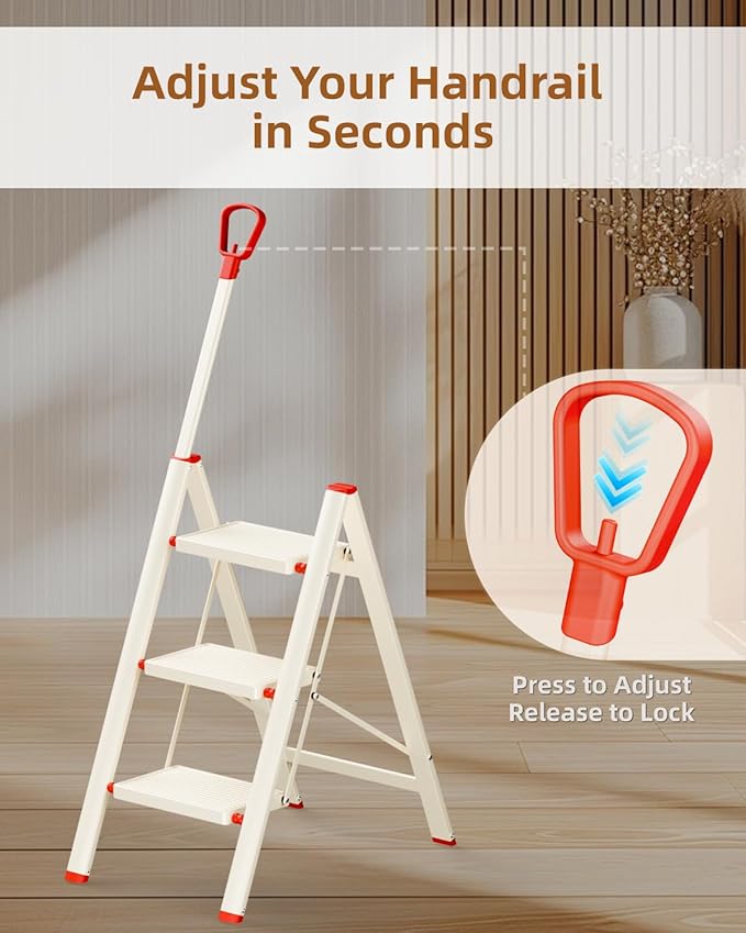 ASPERALD 3 Step Ladder with handrails,Foldable Step Stool with Anti-Slip Wide Pedals for Home Kitchen Closet,3 Step Ladder Folding Step Stool Long Handle White