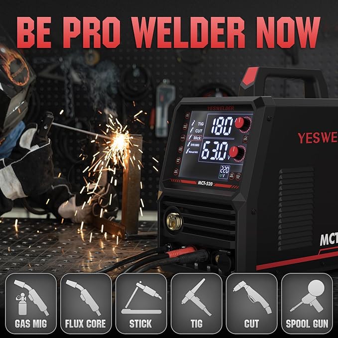 YESWELDER Multifunctional Welders Combo&Plasma Cutter, 6-In-1 MIG/Flux Core MIG/CUT/TIG/Stick/Spool Gun Compatible, 200A MIG/TIG/Stick & 50A CUT, 110V/220V MCT-520