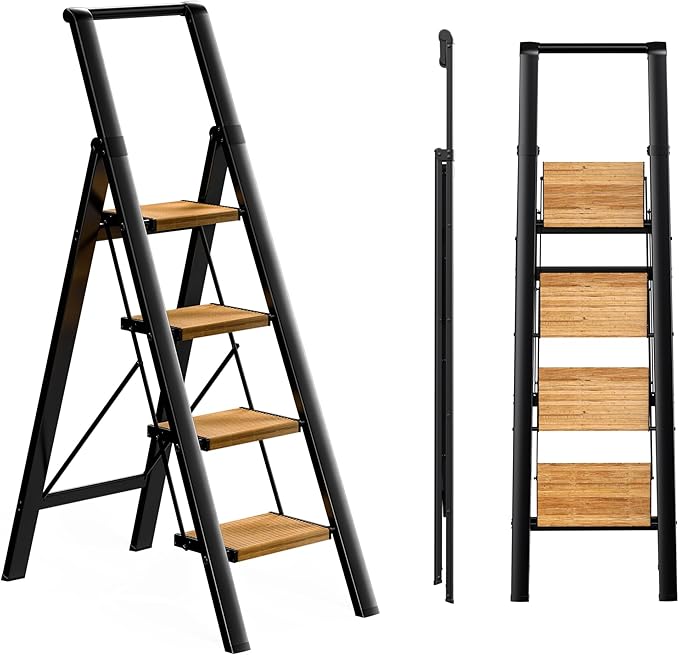 Step Ladder 4 Step Folding Stool with Anti-Slip Widened Sturdy Pedal and Handgrip, Portable Lightweight Aluminum Ladder for Home,Kitchen,300 lbs Capacity-Black+Woodgrain