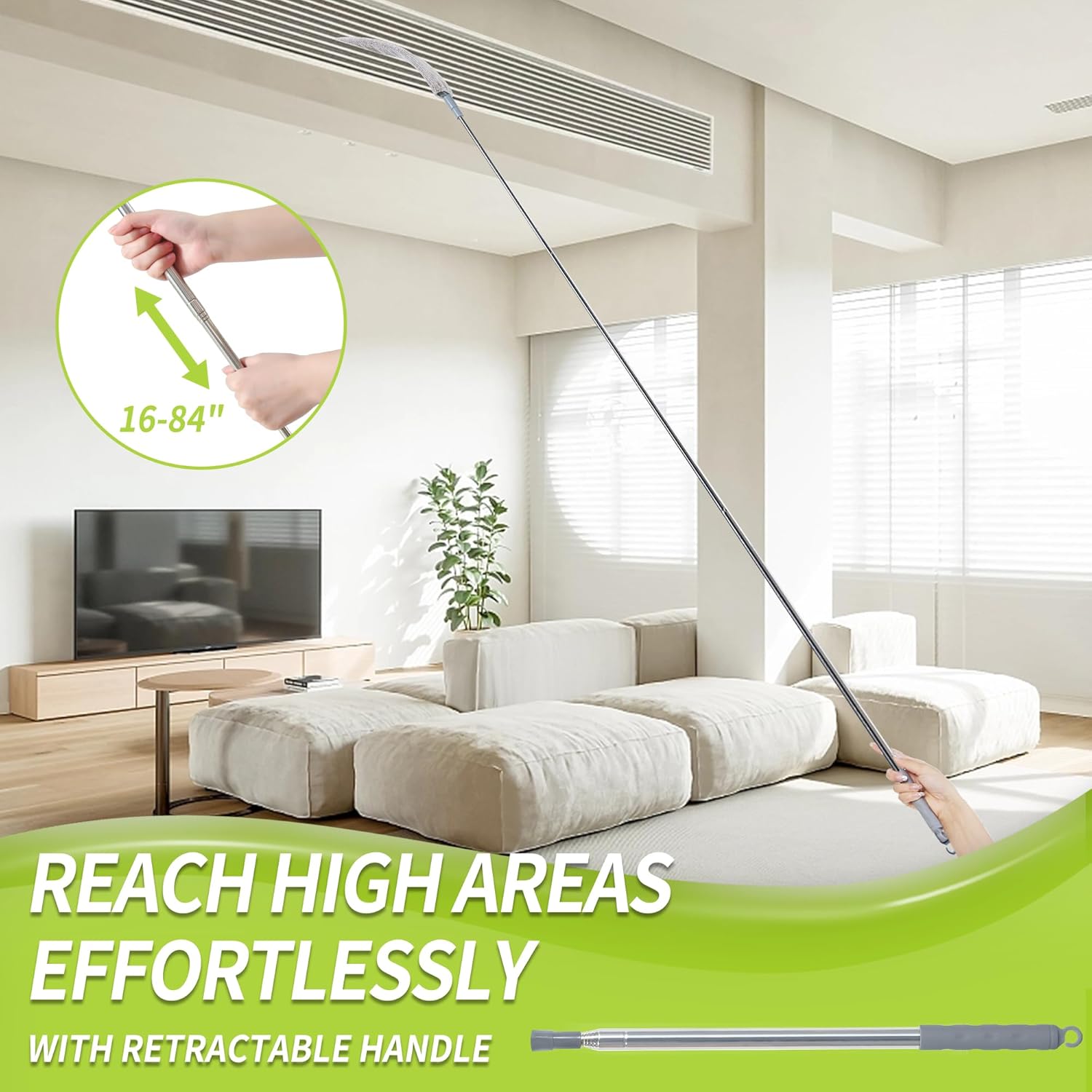 Skinny Duster with Extension Pole for Under Furniture, Under Appliance Cleaning Tool with 3 Microfiber Dusting Cloths, Retractable Flat Duster for Under Refrigerator, Tight Spaces, Gap