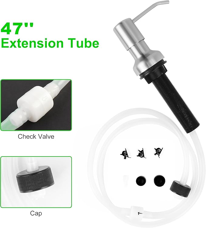 Soap Dispenser for Kitchen Sink, Sink Soap Dispenser with Longer Threaded Shaft Shank, 47" Extension Tube Connects Directly to Dish Soap Container, Wider Pump Head Base （Brushed Nickel）