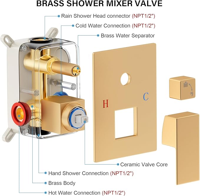 Gold Shower Faucet Set, Rainfall Shower System with Rain Shower Head and Handle Set, Wall Mounted Shower Fixtures, Full Metal Trim Repair Kit 10 inch Paint Gold (With Shower Valve)