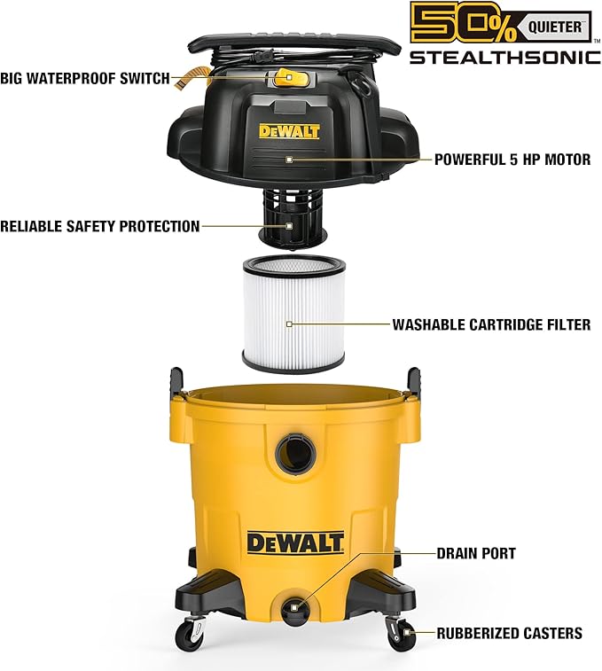 DEWALT 12 Gallon STEALTHSONIC Ultra Quiet Poly Wet Dry Vacuum, DXV12P-QTA Powerful Suction Noise Reduction Vac, 5.5 Peak HP Shop Vacuum for Jobsite/Workshop, Reduce Motor Noise, Yellow