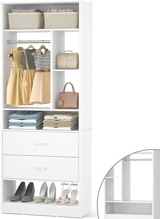 24 Inches Closet System with 2 Wood Drawers, 2FT Small Closet Organizer System with 6 Shelves, Walk-in Closet Systems for Small Closets, Built-In Garment Rack, White (24"L x 15"W x 80"H)