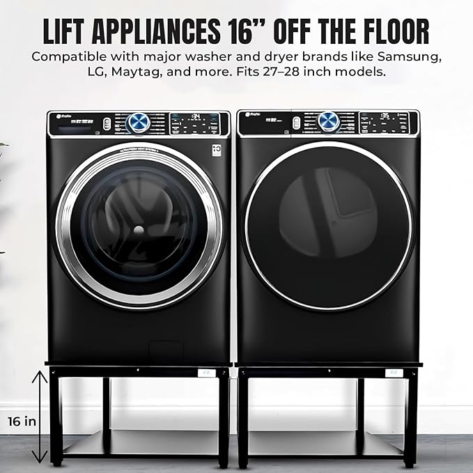 Washer and Dryer Pedestals - 29" W, 16" H, Black Steel Universal Fit with Major Brands, Leak-Proof Laundry Pedestal with Drain Pan & Hose, Washer and Dryer Stand for Back Pain Relief, 800 lbs Capacity