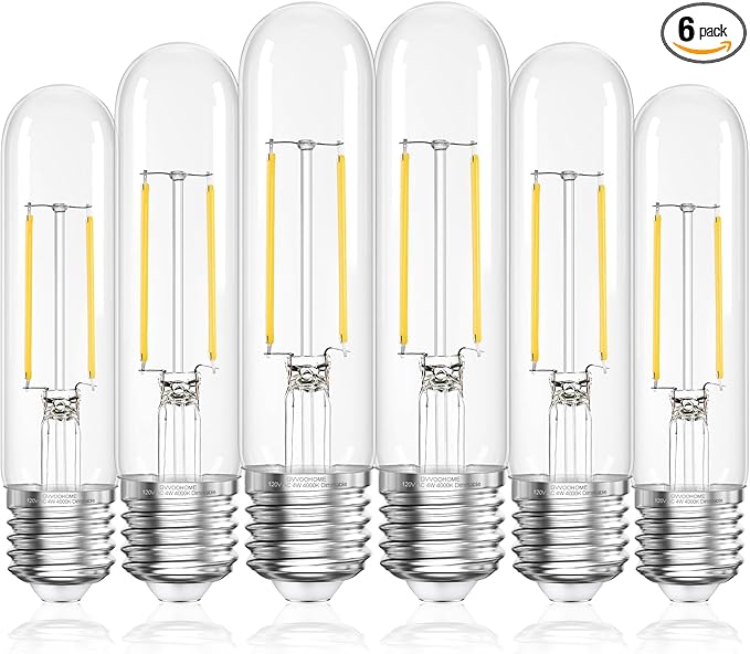 Tubular LED Edison Bulb Dimmable 4000K Neutral White, 4W, 40 watt Equivalent, E26 LED Light Bulbs, T10 Edison Bulbs for Chandeliers, Ceiling Fan, 90+CRI 400LM, 6 Pack