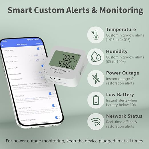 WiFi Temperature & Humidity Monitor, No Subscription 24/7 Remote Temp Sensor with Email, Text Alerts, Sound & Light Alarm, Idea for RV, Pet, Greenhouse, Farm, Freezer, Server Room,S22D
