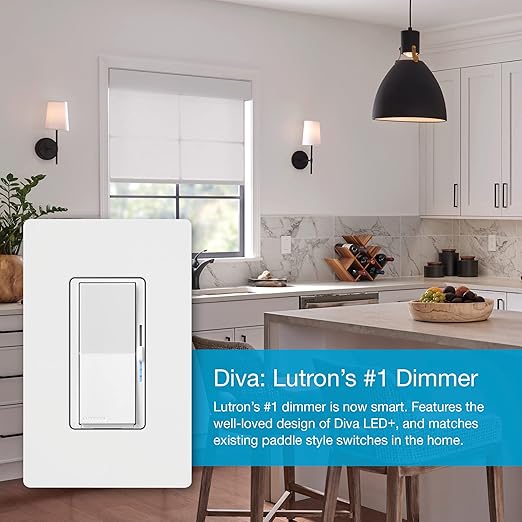 Lutron Diva Smart Dimmer Light Switch for Caseta Lighting (Lutron Smart Hub Required), for LED Lights, 150W, Single-Pole/3-Way, No Neutral, White, 2 Pack (DVRF-6LS-WH-2)