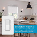 Lutron Diva Smart Dimmer Light Switch with Wallplate for Caseta Lighting (Lutron Smart Hub Required), for LED Lights, 150W, Single-Pole/3-Way, No Neutral, White (DVRFW-6L-WH-A)