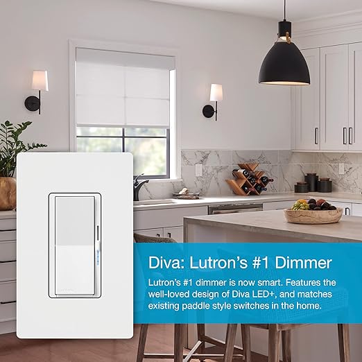 Lutron Diva Smart Dimmer Light Switch with Wallplate for Caseta Lighting (Lutron Smart Hub Required), for LED Lights, 150W, Single-Pole/3-Way, No Neutral, White (DVRFW-6L-WH-A)