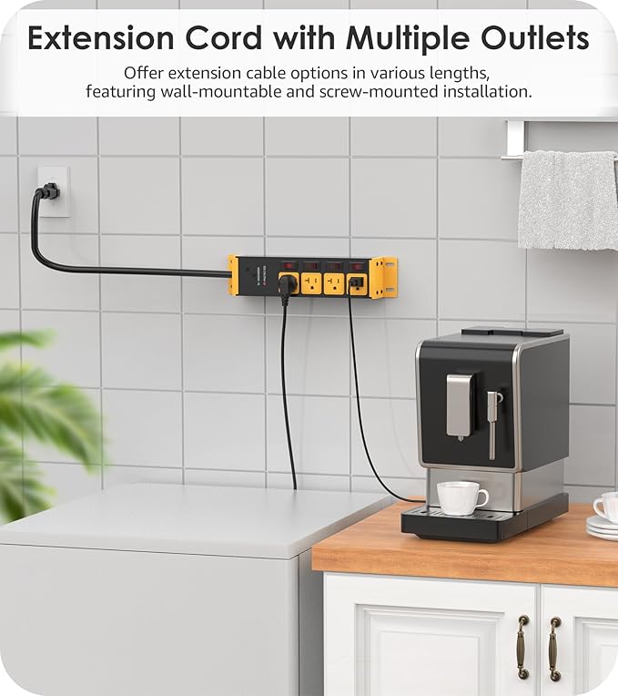 CCCEI Heavy Duty Surge Protector Power Strip 20 Amp Individual Switches. 20FT 12 Gauge Extension Cord with Multiple Outlets. Kitchen, Garage, Shop, Industrial Wall Mount Electric Extender, Yellow.