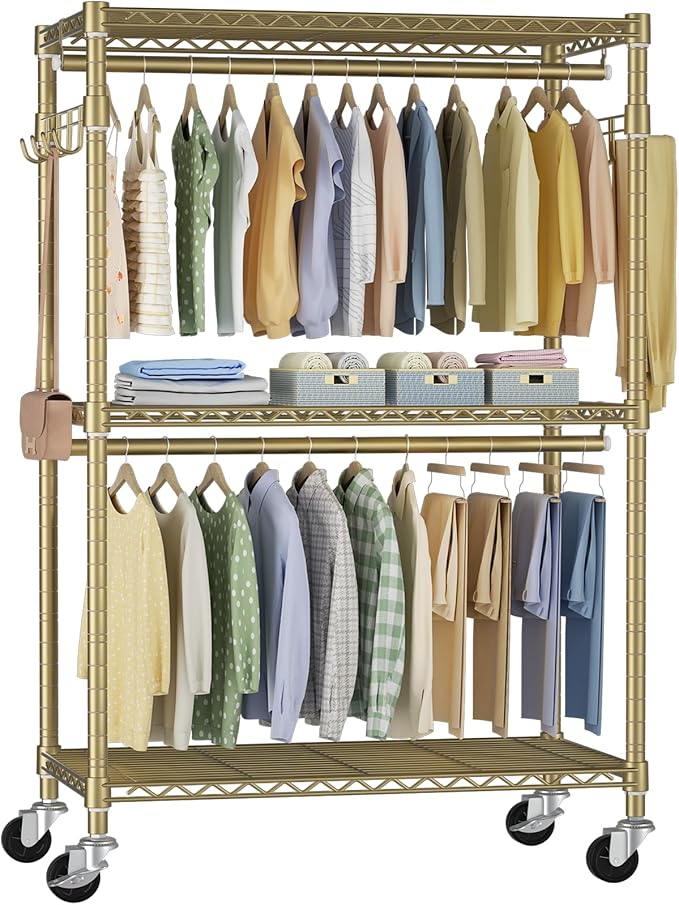 FUTASSI P1 Rolling Clothes Rack, Movable Metal Garment Closet Organizer with Lockable Wheels, Clothing Wardrobe with Double Hanger Rods and Hooks, 35.4" W x 15.7" D x 80.5" H, Load 450lbs, Gold