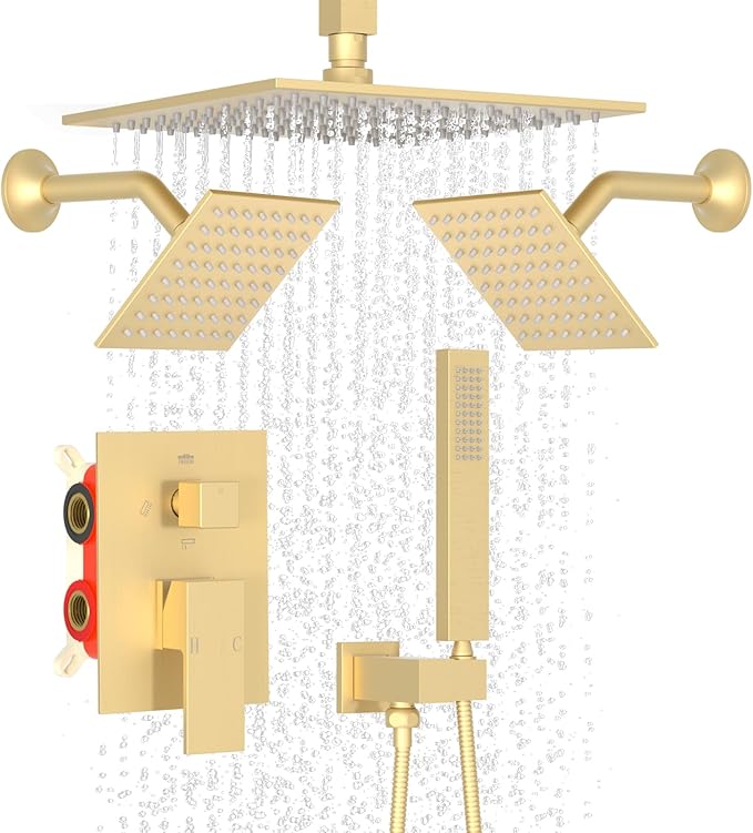 Enga 10 Inch + Dual 6-Inch Rain Shower System, Four Modes Diverter Shower Faucet with Handheld, Luxury Rain Mixer Shower Combo Set, Brushed Gold