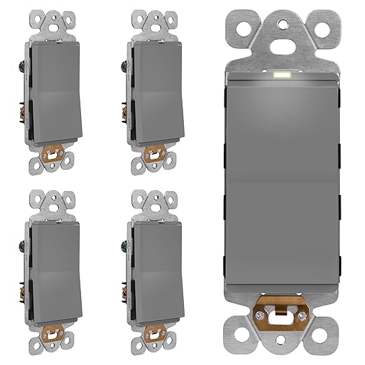 LIDER Minimalist Design Matte Finish Lighted Decorator Switch, Frameless Paddle Light Switch with Locator Light, Grounding Screw, 3-Way or Single Pole, 15A 120V, UL Listed, LS15-3W-GY5P, Gray, 5 Pack