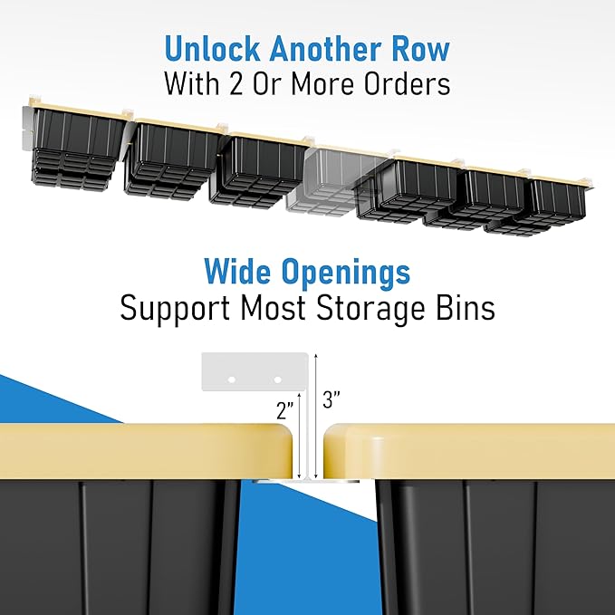 HANDT Overhead Garage Storage Rack, Connectable Heavy Duty Metal Ceiling Rails For Garage Storage Organization Shelving System, Hanging Racks For Tote Containers, Supports Up To 3 Bins, 2 Sets White