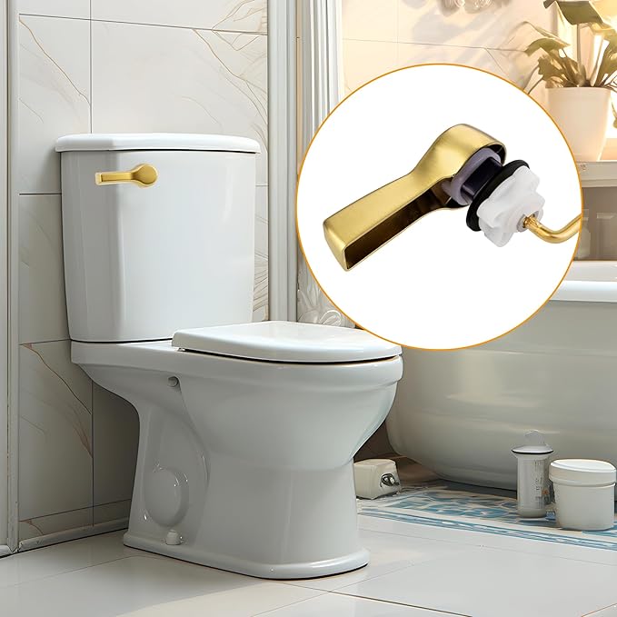 Hibbent Universal Metal Front Mount Toilet Handle Replacement Kit, Brass Toilet Flush Tank Lever with Stainless Steel Flapper Chains for Most Toilets, Brushed Gold Finish