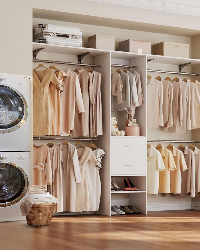 Closet System with Drawer, 5-8FT Closet Organizers and Storage with 5 Adjustable Hanging Rods and Shoe Rack, 96" Walk in Closet Organizers and Storage with Drawers, Heavy Duty, White