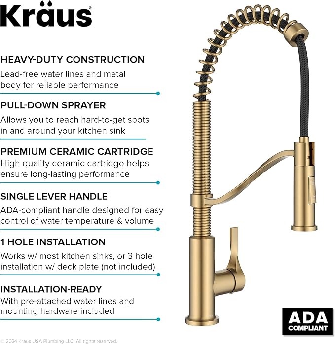 KRAUS Torak Pull Down Kitchen Faucet in Spot-Free Brushed Brass with Commercial Style Spring Spout, 2 Function Sprayer, Pre-Attached Water Lines, and Mounting Hardware, KPF-2635SFBB