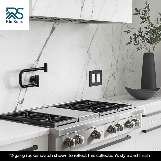 RIO SALTO Modern Metal Matte Black Double Decorator Wall Outlet Cover Light Switch Double Rocker Decora Electrical Decorator Wall Plate Electric Outlet Covers MIDSIZE Receptacle - (2 Gang, 2-Pack)