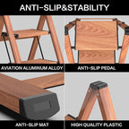 GameGem 3 Step Ladder, Aluminum Folding Step Stool with Anti-Slip Sturdy and Wide Pedal, Lightweight Portable Stepladder for Home and Kitchen Use Space Saving, Woodgrain, 330 lbs