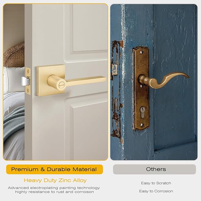 EHOMEWARE 3 Pack Gold Door Handles, Heavy Duty Door Knobs Interior for Bedroom Bathroom, Zinc Alloy Privacy Door Levers Door Handle with Lock, Satin Brass Modern Door Hardware & Locks