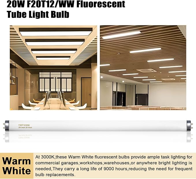 F20T12/WW 20 Watt Soft Warm White, T12 Fluorescent Tube Light Bulb 20W 24 Inch, 2Ft F20T12/DSW/RP Replacement for F20T12 F20T12KB/ECO/RVL F20T12KB/ECO F20T12/SPX30 1250Lm G13 4 Count
