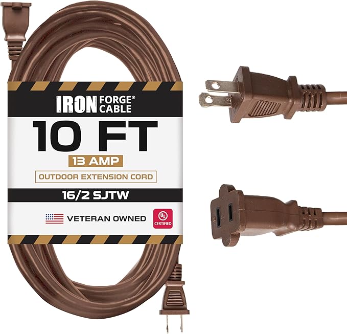 Iron Forge Cable 2 Prong Outdoor Extension Cord 10 ft, 16/2 SJTW 10 Foot Brown Extension Cord, Weatherproof - Great for Outdoor Lights, Deck, Patio