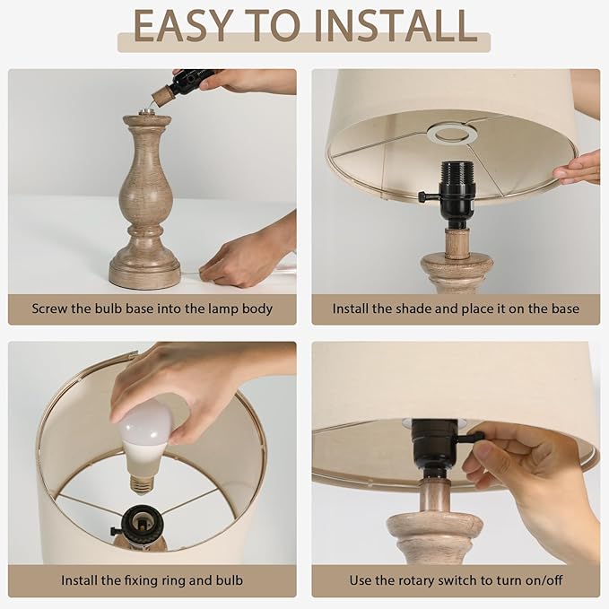 Seealle Farmhouse Table Lamps Set of 2 - Rustic Lamp for Bedroom Living Room, 22" Boho Bedside Lamps for Night Stands End Table Office Desk Lamp Nightstand with Linen Shades(Wood Painted)