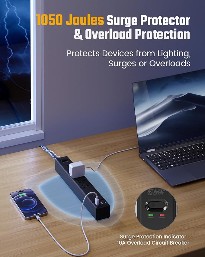 SUPERDANNY Flat Plug Surge Protector Power Strip, 6ft Ultra Thin Extension Cord with 3 USB (1 USB C Port), 6 Outlets Charging Station, Wall Mountable Outlet Extender for Home Office, College Dorm Room