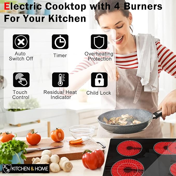 K&H 4 Burner 30 Inch Built-in Electric Stove Top Radiant Ceramic Cooktop Knob Control 240V 7200W CE30-7206K