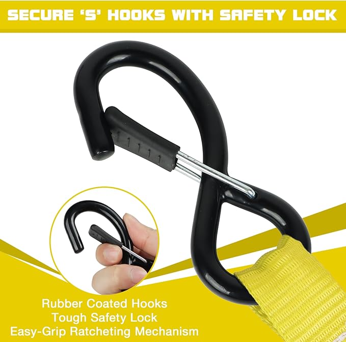 Ratchet Tie Down Straps 4 Pack -15 FT - 2200 LB Heavy Duty Srap for Trucks Cargo Ropes Tie Down Ratchet Rope Set Truck Bed with Safety Lock S Hooks Moving Hold Down-Yellow