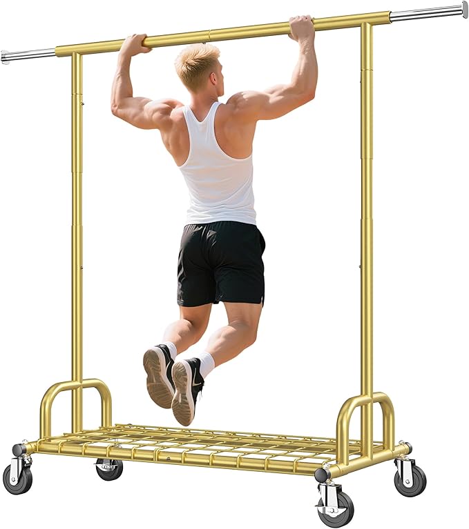 Raybee Heavy Duty Clothes Rack, Gold Clothing Racks for Hanging Heavy Clothes 200+, Rolling Clothing Rack Load 485 LBS, Extendable & Adjustable Portable Commercial Garment Rack with Wheels, Gold