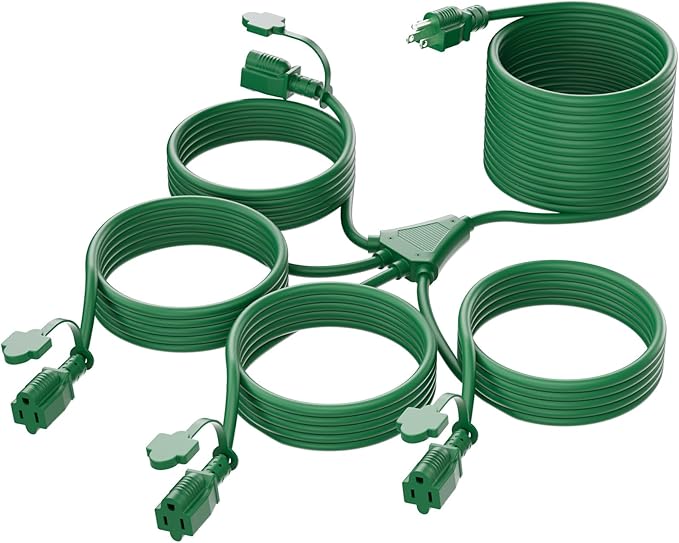 K KASONIC - 46FT Halloween Lights Outdoor Extension Cord with Mutil Outlets, ETL Listed Heavy Duty Electrical Cord with Protective Covers, Weatherproof Extension Cord for Outside, 16AWG/1625W, Green