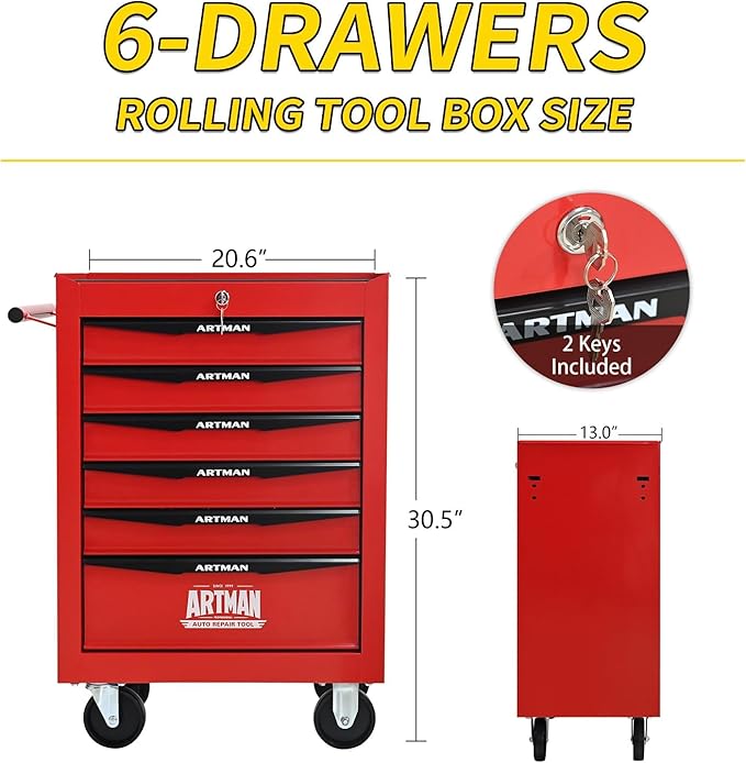 6-Drawer Steel Rolling Tool Cart with Wheels & Handle, Heavy-Duty Tool Chest Storage Cabinet for Garage and Workshop