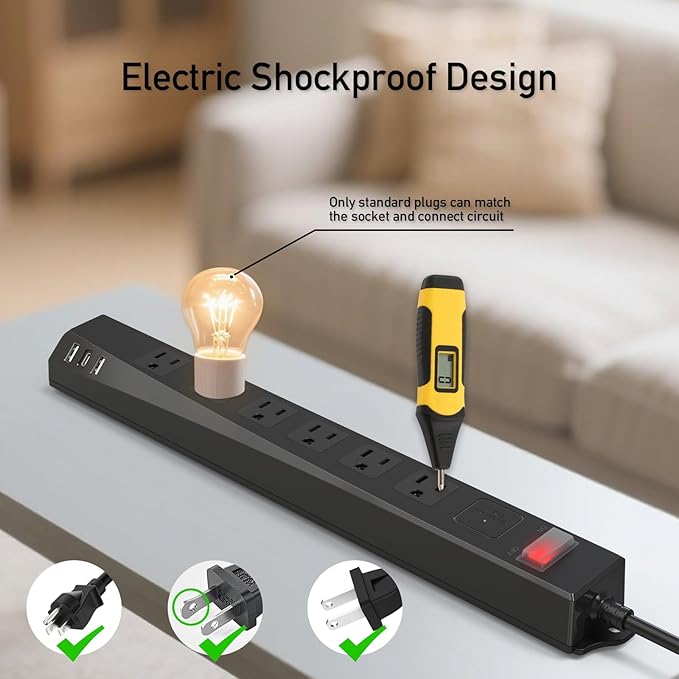 Outdoor Power Strip Weatherproof, KPQ IPX6 Waterproof Surge Protector with 6 Outlets with 2 USB A and 1 USB C, 6FT Extension Cord, Wall Mountable for Home, Office, Dorm, Patio, FCC UL Listed