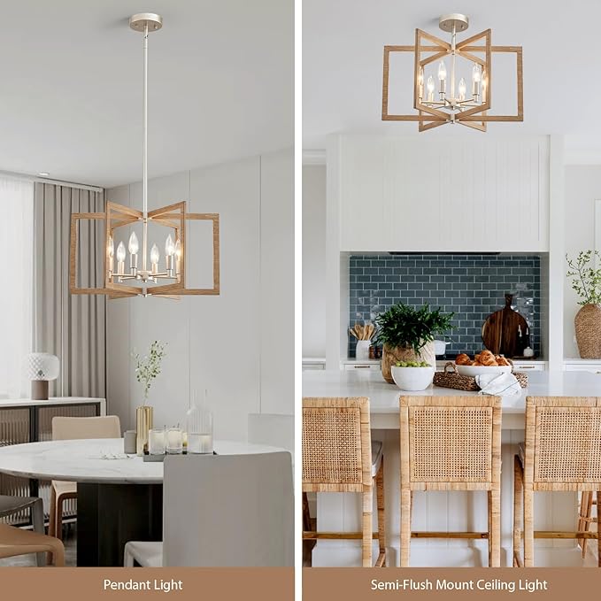 Modern Farmhouse Dining Room Light Fixtures, 20'' Geometric Nickel Chandelier for Living Room Kitchen Island Entryway Bedroom, 6-Light Rustic Wood Grain Pendant Hanging Lighting