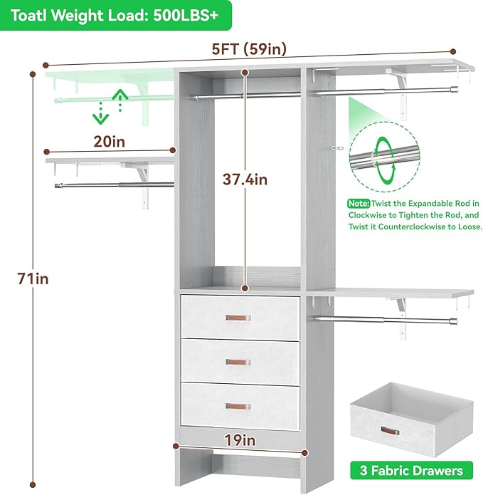 Armocity 5FT Small Closet System with 3 Fabric Drawers, 60 Inches Walk In Closet Organizer System With 3 Adjustable Shelves, Heavy Duty Clothes Rack Built-In Garment Rack, 59" L x 16" W x 71" H, Grey