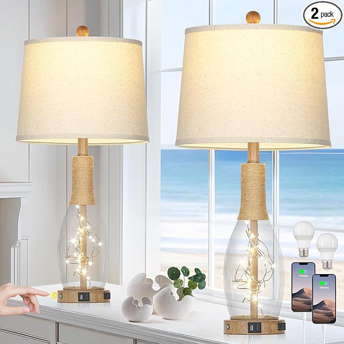 28" Coastal Table Lamps for Bedroom Set of 2, Farmhouse Glass Lamps with 3-Way Dimmable Touch Control Fairy Lights & Type-C Charging for Living Room Nightstand, Beach Nautical Bedside Lamp Rustic Wood