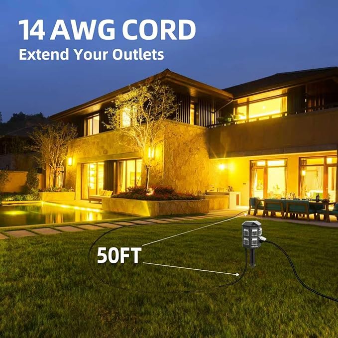 Outdoor Remote Control Power Strip, 50FT Extension Cord Waterproof, Independent Control Outlets, 6 Grounded Outlets for Outdoor Decorations, 14 AWG, 15A/1875W, ETL Listed (50 FT)